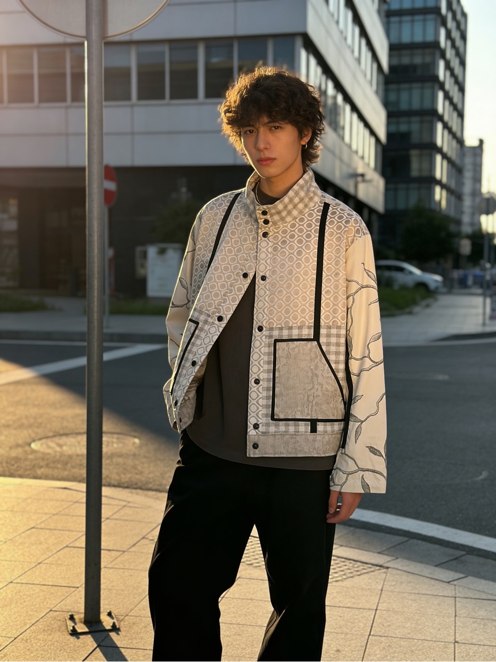 Handmade Patchwork Pattern Button-Front Jacket in Beige & Black Trim
